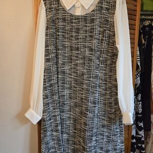cleo Black & White Tweed Shift Dress with White Blouse Sleeves